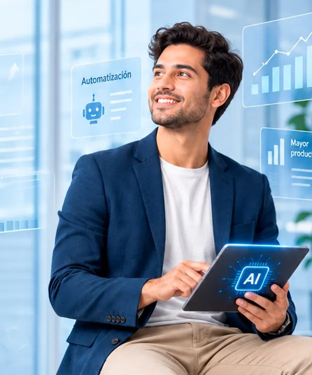 Jóvenes profesionistas utilizando inteligencia artificial en su trabajo